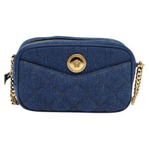 Versace Medusa Icon Front Slip Pocket Camera Quilted Denim Blue Canvas Shoulder